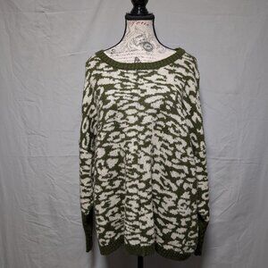 Loralette Women's Olive Green Leopard Print Oversized Knit Sweater Size 2X